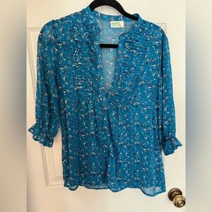 Selena Gomez Teal Blue Floral Ruffle V-Neck Blouse